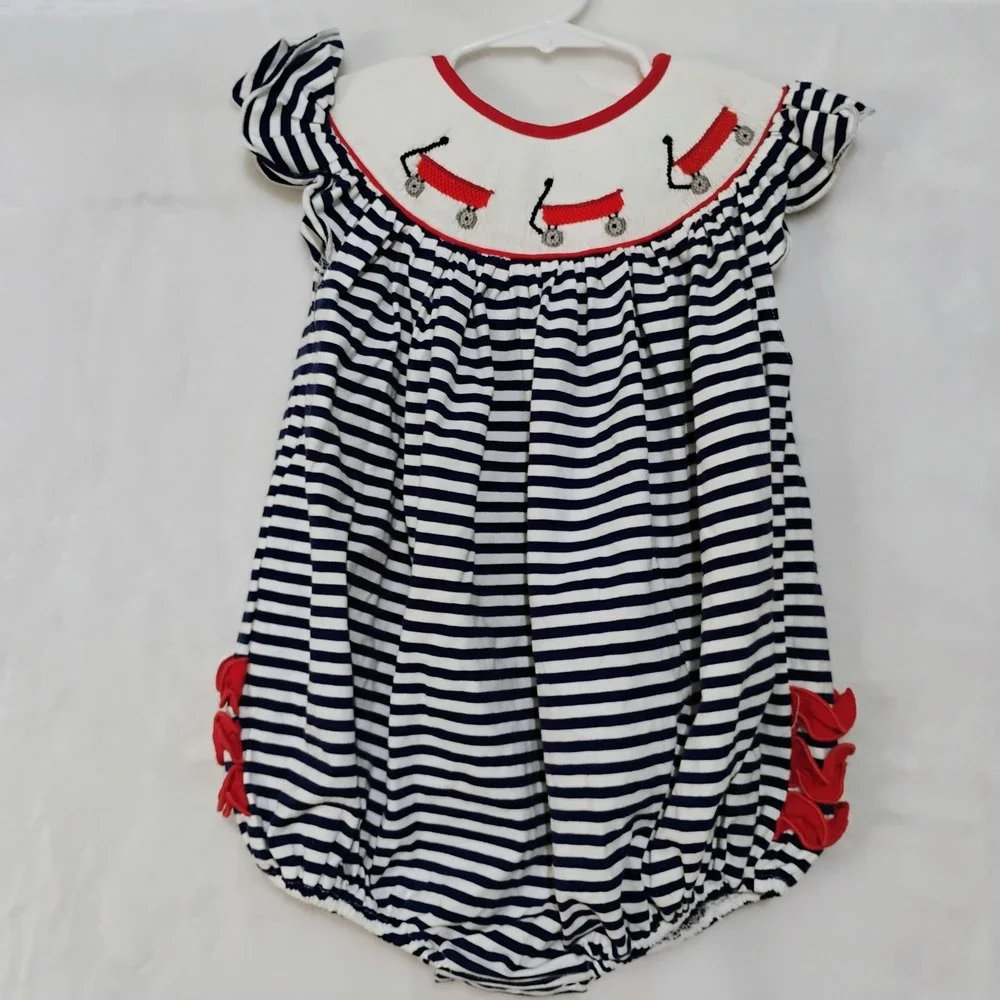 Smocking Dog Boutique Navy White Stripe Red Wagon Smocked Bubble Romper Size 4